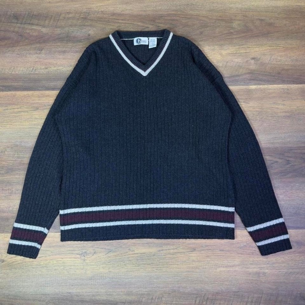 Vintage 90s Arizona Jean Company V Neck Sweater Mens M Black‎ Striped